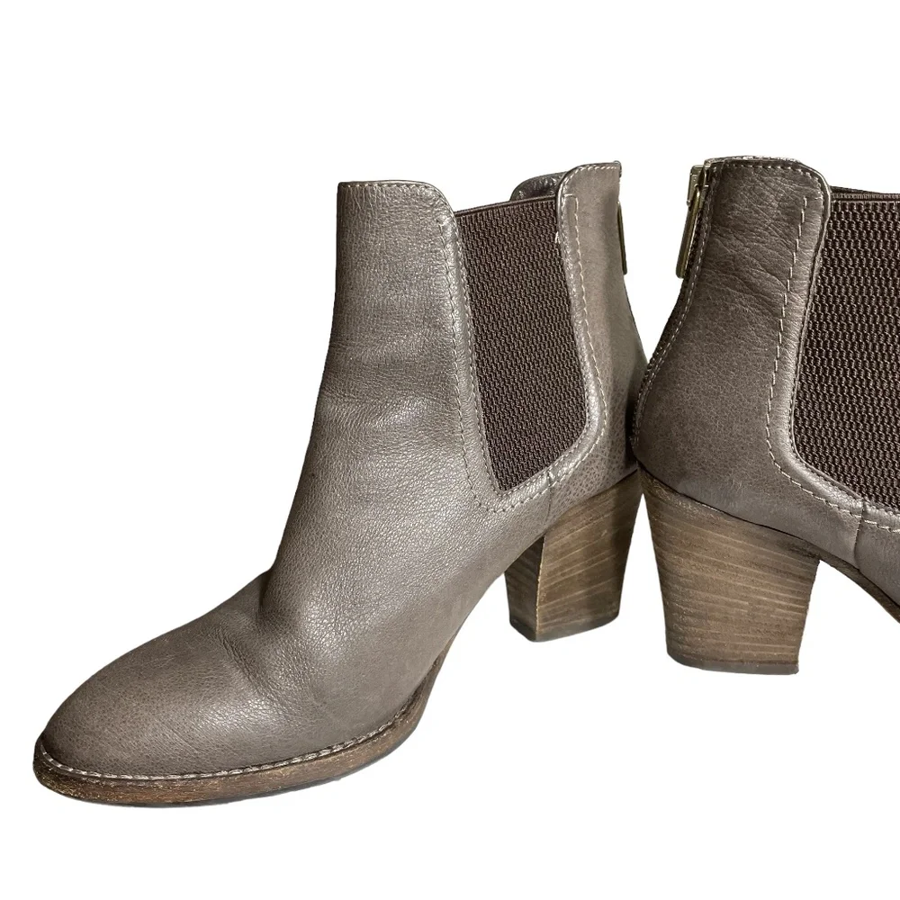 Aquatalia Leather Ankle Boots 5 Chelsea Booties Stacked Heel Brown Taupe